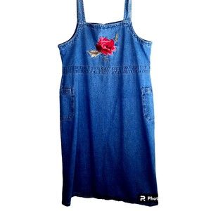 Sunshine Apparel Women 1X Blue Jean Denim Overall Dress Pockets Embroidered Rose
